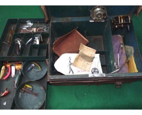 ACCESSORY: Black japanned tackle box in leather outer carry case, measuring 14"x11"x7", splits to leather and stitching, 2 li