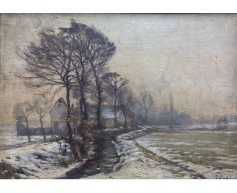 Hermann Bahner (1867-1938), an early 20th century oil on panel, wintry rural landscape, signed to the lower right in a gilt f