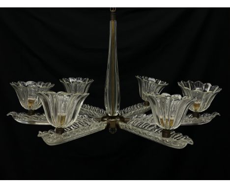 An early 20th century Art Deco Murano glass chandelier having a slender baluster form stem with five acanthus leaf branches p