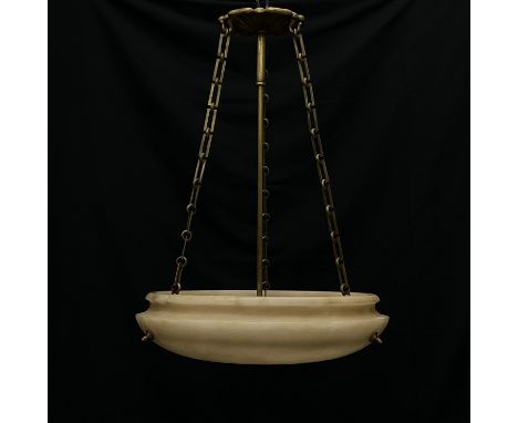 A large and impressive Art Deco carved alabaster plaffonier pendant light suspended on three chains and a central brass rod w