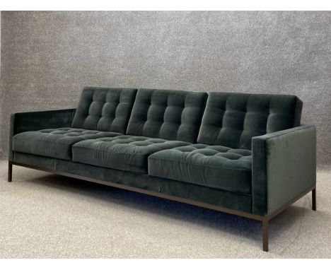 A contemporary Knoll Studio three seater sofa after the original 1950's Florence Knoll design having a square cushioned butto