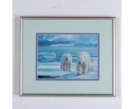 A color lithograph on paper after wildlife artist Lissa Calverts original painting depicting two polar bears in the arctic. A