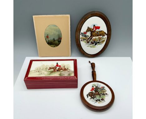 Ravishing assortment of items decorated with redcoats on horses that includes: a wooden box with a deck of cards, a wooden an