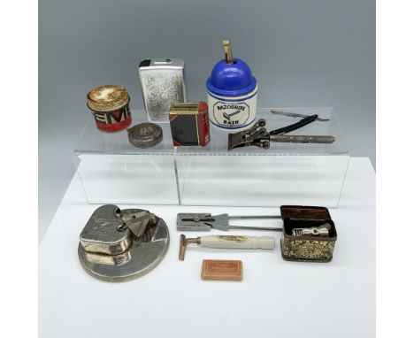 Vintage collection of shaving items including: a Kriss Kross safety razor sharpener, an edge sharpener, 4 razor blade handles