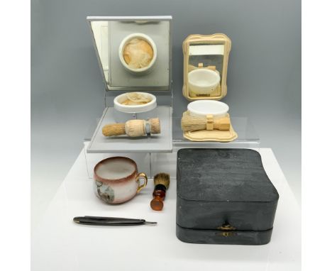 Handy and vintage collection of 3 sets of travel grooming kits including: a small brown kit with a built in mirror as well as