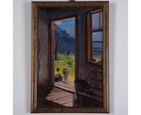 A lovely oil painting on canvas board that captures a view from within a home, gazing out over a sunlit, idyllic countryside.