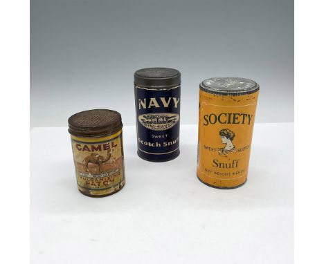 Truly vintage tins from a time when life was simpler. Lot includes Helme Navy Sweet Scotch Snuff 4.5"H, Helme Society Sweet S