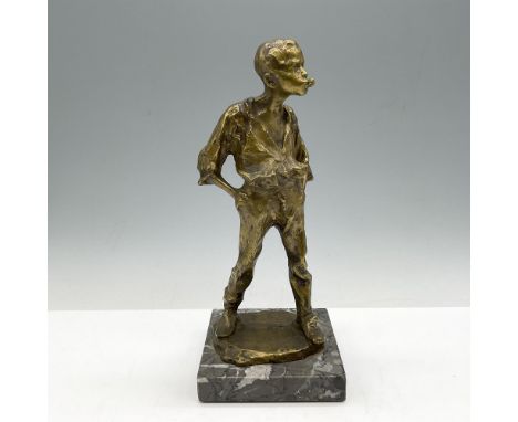 Bronze statue with light gilt overlay of young man standing with hands in pocket and pipe in his mouth. Statue set on marble 