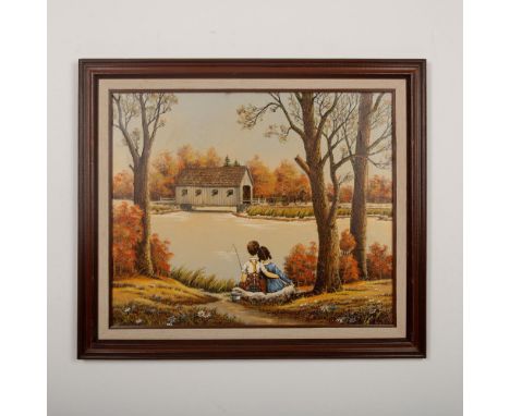 Original hand-embellished color serigraph on canvas by Korean- artist R. Smith who depicts an autumn rural Americana scene wh