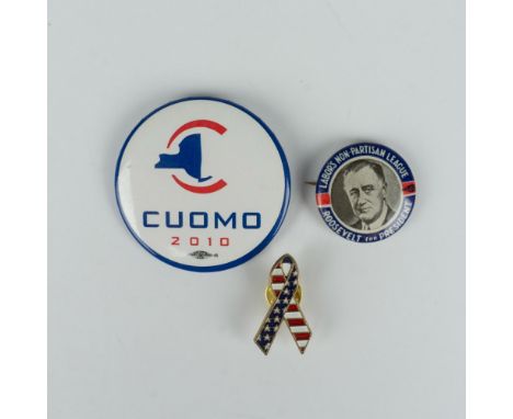 This set of three pins includes an election pin featuring Roosevelt's photo and the text Labors Non-Partisan League, an elect