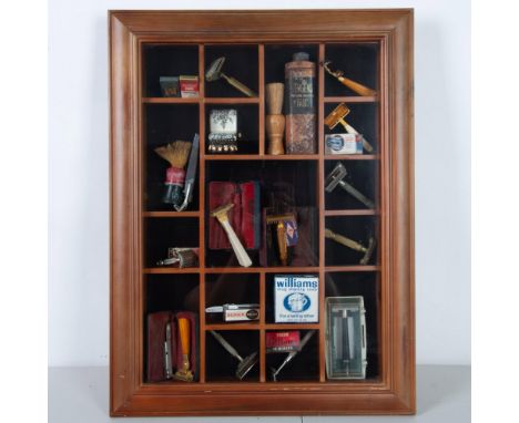 Original Arister Gifts Inc. Barbershop theme shadow box display wooden case with compartments that showcase vintage razors, s