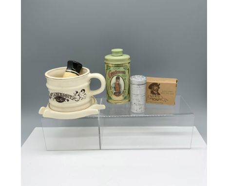 Exquisite assortment of products used to shave that includes: a ceramic Barbershop Old Fashioned Luxury shaving mug with a wa