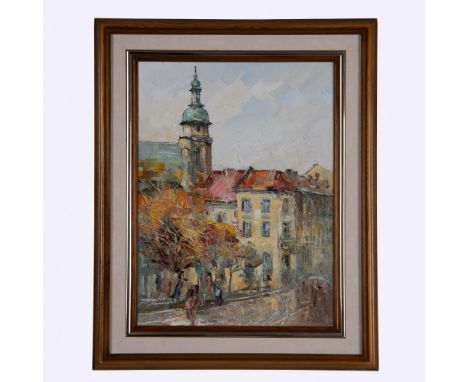 A lovely oil on canvas painting capturing the cityscape of Lviv, Ukraine. Artist signature and date on lower right side. Arti