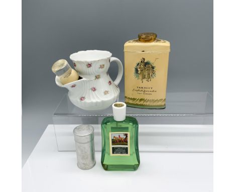 Lovely variety of products used to shave that includes: a ceramic shaving scuttle decorated with pink roses Bavaria backstamp