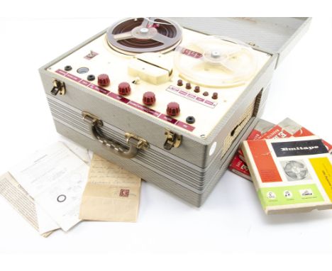 Reel to Reel, an Elizabethan reel to reel tape recorder, S/N 22880 (broken side speaker grille) instruction leaflet, three ta