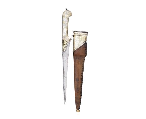 AN INDIAN DAGGER (PESH-KABZ), 19TH CENTURY with tapering reinforced blade of T-section, encrusted with silver flowers and scr