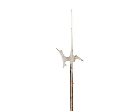 AN ITALIAN HALBERD, LAST QUARTER OF THE 16TH CENTURY with long terminal spike of diamond section, forward leaning curved axe-