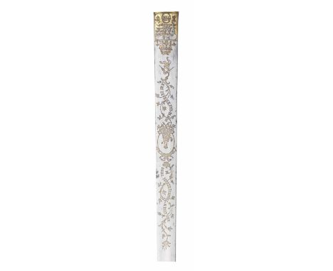 A FINE FRENCH SILVER-MOUNTED HUNTING SWORD COMMEMORATING THE PEACE OF HUBERTUSBURG, DECORATED WITH PORTRAITS OF MARIE THERESE