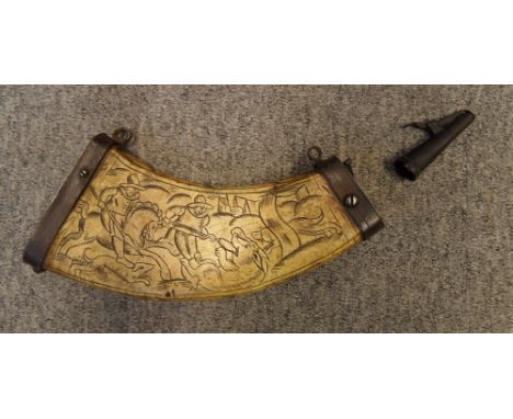 A GERMAN ENGRAVED COWHORN POWDER-FLASK, EARLY 17TH CENTURY with curved flattened body, the inner face engraved with a pattern