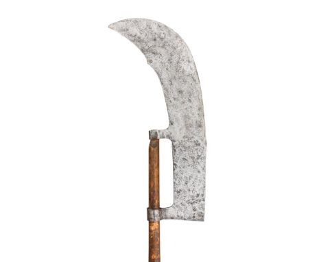 A GLAIVE IN 16TH CENTURY STYLE, 19TH CENTURY with knife-like blade stamped with a mark at the top, formed with a pair of basa