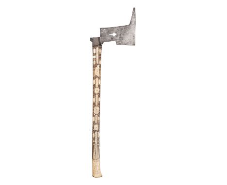 A SAXON MINER'S GUILD AXE, LATE 17TH CENTURY with flat iron head of characteristic form pierced with a slipped quatrefoil and