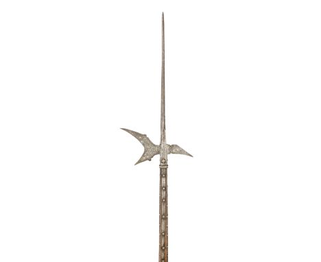 A HALBERD, LAST QUARTER OF THE 16TH CENTURY, GERMAN OR SWISS with slender terminal spike, forward-leaning axe-blade pierced w