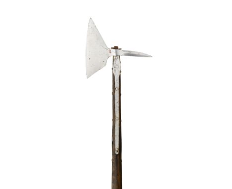 A SWISS POL-AXE, LATE 16TH CENTURY with slightly curved axe-blade formed with diagonal back-edges of differing length, and ro