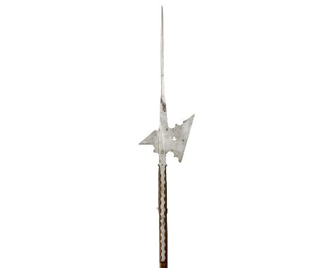 A GERMAN HALBERD, MID-16TH CENTURY with terminal spike formed in two stages, the upper of stiff-diamond section and the lower