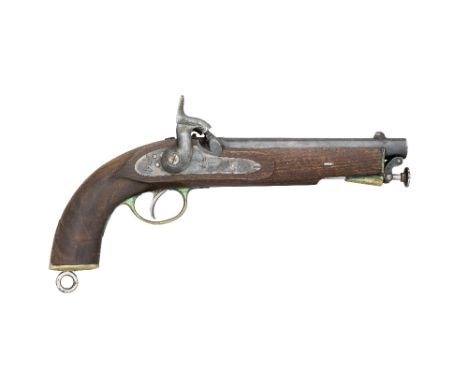 A 16 BORE PERCUSSION PISTOL FOR EAST INDIAN GOVERNMENT CONTRACT, DATED 1871 with browned sighted barrel struck with Ordnance 