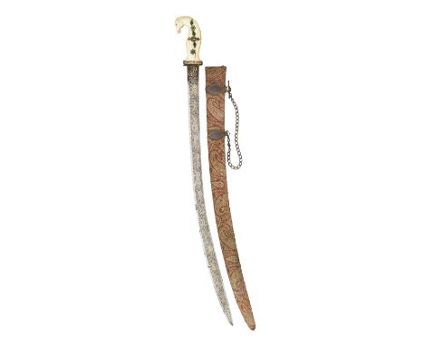 ˜AN INDIAN SWORD, 19TH CENTURY with curved single-edged blade chiselled with exotic beasts including elephants, antelope purs