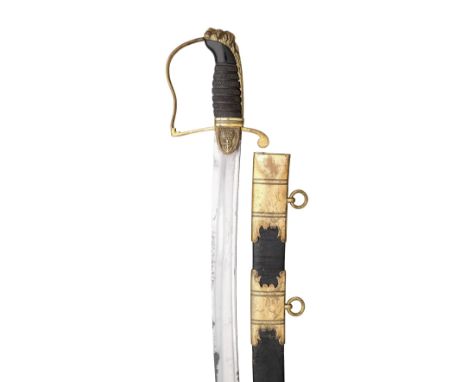 ˜VARIOUS OWNERS A NAVAL LIEUTENANT'S SWORD, CIRCA 1812-15 with pipe-backed blade, brass stirrup hilt cast with a crowned foul