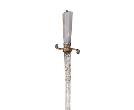 A GERMAN SILVER-MOUNTED HUNTING SWORD WITH AGATE GRIP, CIRCA 1730-40 with slender blade tapering to a double-edged point, inl