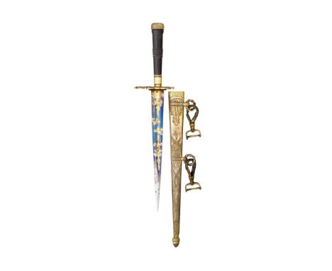 A GEORGIAN NAVAL DIRK, LATE 18TH CENTURY with tapering double-edged fullered blade etched and gilt with foliage on a blued pa