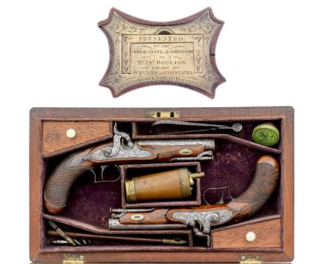 A PAIR OF .500 CALIBRE PERCUSSION RIFLED TRAVELLING PISTOLS PRESENTED TO JOHN BOULTON, CONSTABLE OF BIRMINGHAM, BY THE INHABI