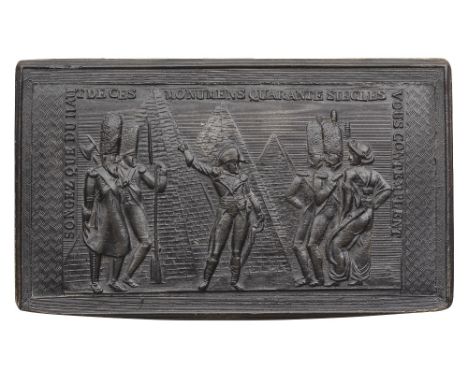 A FRENCH HORN RECTANGULAR SNUFF BOX COMMEMORATING THE VICTORY OF THE PYRAMIDS, EARLY 19TH CENTURY of pressed horn with hinged