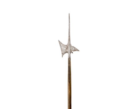 A GERMAN HALBERD, LATE 16TH CENTURY with terminal spike of diamond-section, slightly curved forward leaning axe-blade pierced