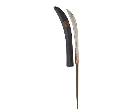 A JAPANESE SPEAR (NAGINATA) with curved blade formed with two red lacquer filled fullers on each face (worn), tang signed Bus