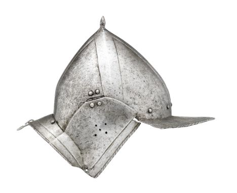 A SOUTH GERMAN BURGONET EMBOSSED IN THE 'BLACK AND WHITE' FASHION, CIRCA 1570-80 with one-piece skull boxed in four panels an