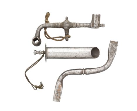 TWO WHEEL-LOCK SPANNERS AND A POWDER-MEASURE, 17TH CENTURY the first with curved barrel-shaped socket at the top, moulded sha