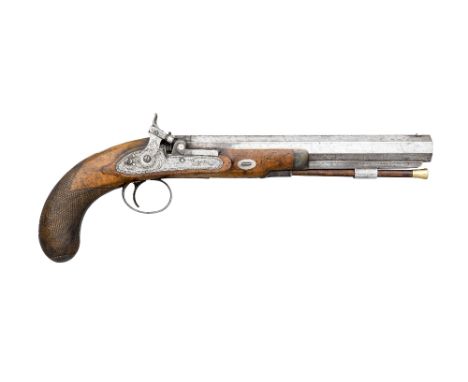 A 28 BORE PERCUSSION DUELLING PISTOL BY JOSEPH MANTON, NO. 9054, CIRCA 1824 with heavy octagonal sighted barrel, numbered ben