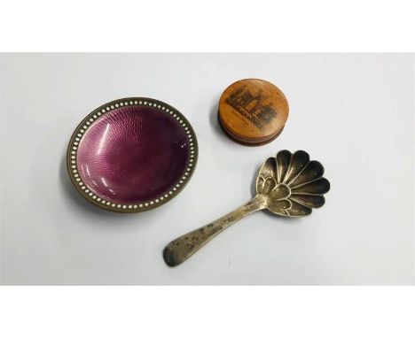 Caddy spoon, enamelled dish etc.