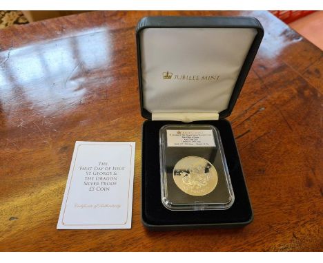 Jubilee Mint St. George and the Dragon silver proof £5 coin First Day Issue, 23rd April 2015 limited to 299 coins.