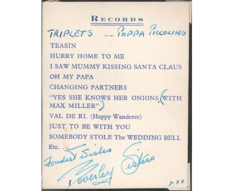 Singing Group, The Beverley Sisters signed vintage 3x4 black and white photo. On the reverse is record information and a sign