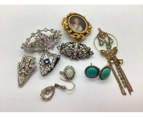 An Assortment of Antique and Later Jewellery, to include a single/odd diamond set drop earring, opal and diamond set ring hea
