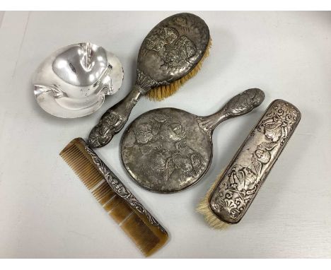 An Assortment of Edwardian Hallmarked Silver Backed Cherub Detailed Dressing Table Items, to include a hand mirror (makers ma