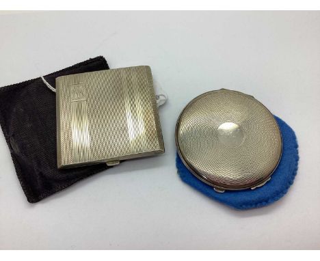 A Hallmarked Silver Powder Compact, JR, Birmingham 1945, of square form with allover engine turned design, monogrammed to rec