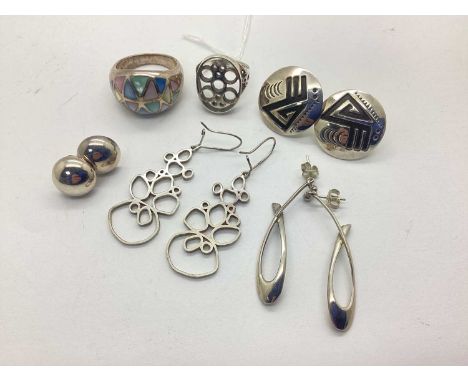 A Selection of Hallmarked Silver, "925" and Other Rings and Earrings, including modernist style, shell inset, etc.The ring is