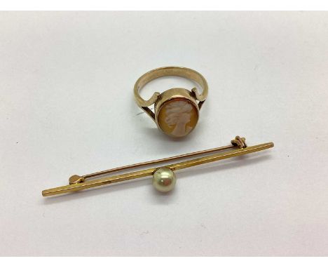 Ciro; A Vintage Imitation Pearl Bead Bar Brooch, stamped "9ct", together with a vintage carved cameo panel ring, the oval pan