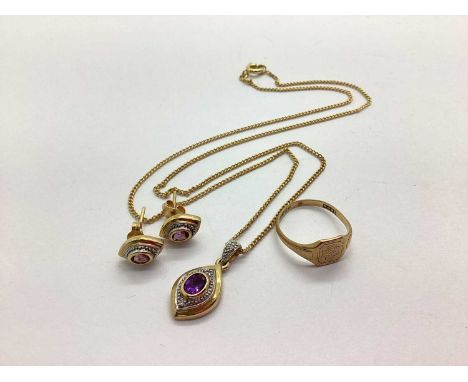 A Modern Collet Set Pendant, within inset highlights, stamped "375", on fine link curb chain, similar stud earrings, stamped 
