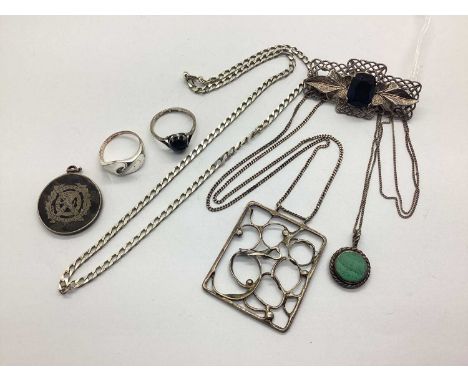 An Assortment of "925" and Other Jewellery, to include an Art Deco style stone set brooch, of openwork foliage design, a mini